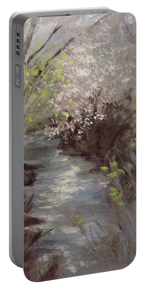Spring Portable Battery Charger featuring the painting Rumors of Spring by Karen Ilari