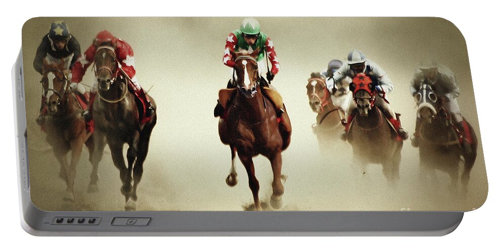 Horse Portable Battery Charger featuring the photograph Running horses in dust by Dimitar Hristov