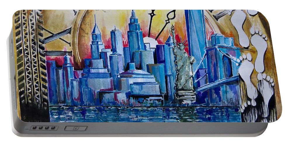 New York Portable Battery Charger featuring the painting Rush Hour In New York by Geni Gorani