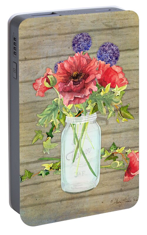 Watercolor Portable Battery Charger featuring the painting Rustic Country Red Poppy w Alium n Ivy in a Mason Jar Bouquet on Wooden Fence by Audrey Jeanne Roberts