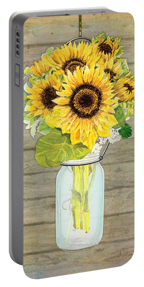 Watercolor Portable Battery Charger featuring the painting Rustic Country Sunflowers in Mason Jar by Audrey Jeanne Roberts
