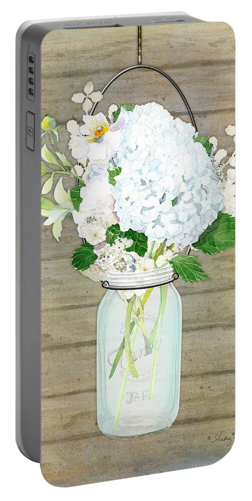 White Hydrangea Portable Battery Charger featuring the painting Rustic Country White Hydrangea n Matillija Poppy Mason Jar Bouquet on Wooden Fence by Audrey Jeanne Roberts