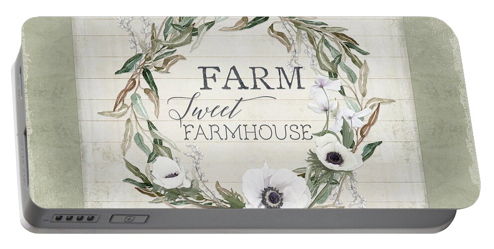  Portable Battery Charger featuring the painting Rustic Farm Sweet Farmhouse Shiplap Wood Boho Eucalyptus Wreath N Anemone Floral by Audrey Jeanne Roberts