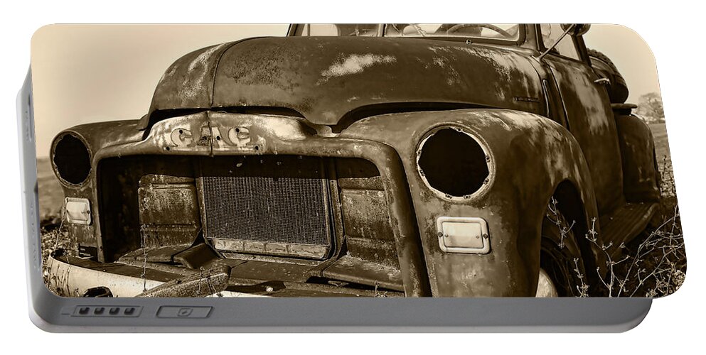 Vintage Portable Battery Charger featuring the photograph Rusty But Trusty Old GMC Pickup Truck - Sepia by Gordon Dean II