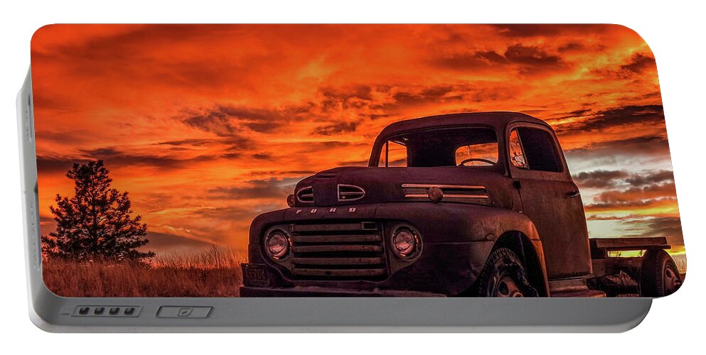 1948 Portable Battery Charger featuring the photograph Rusty Truck Sunset by Dawn Key