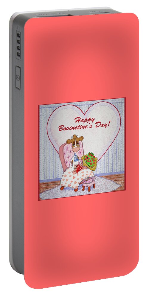 Ruthie-moo Portable Battery Charger featuring the drawing Ruthie-Moo Flowers Happy Bovinetine's Day by Joan Coffey