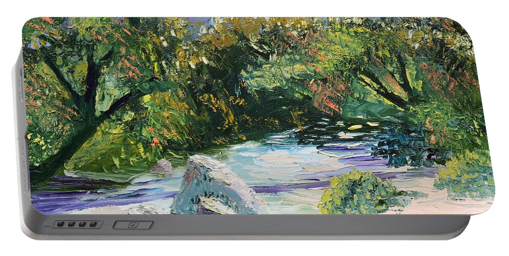 Landscape Portable Battery Charger featuring the painting Sabino Canyon in the morning by Madeleine Shulman