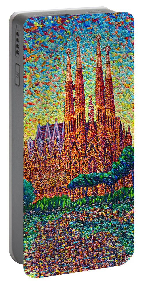 Sagrada Portable Battery Charger featuring the painting Sagrada Familia Barcelona Modern Impressionist Palette Knife Oil Painting By Ana Maria Edulescu by Ana Maria Edulescu