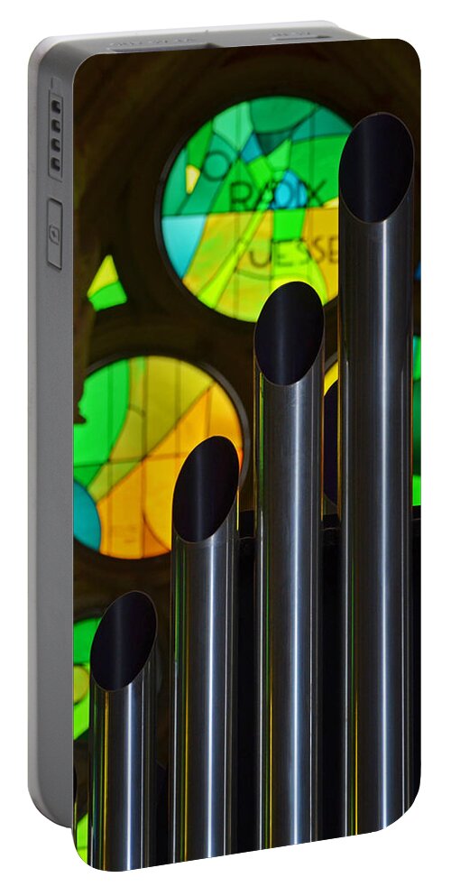 Sagrada Portable Battery Charger featuring the photograph Sagrada Familia Organ Green Stained Glass Windows by Toby McGuire