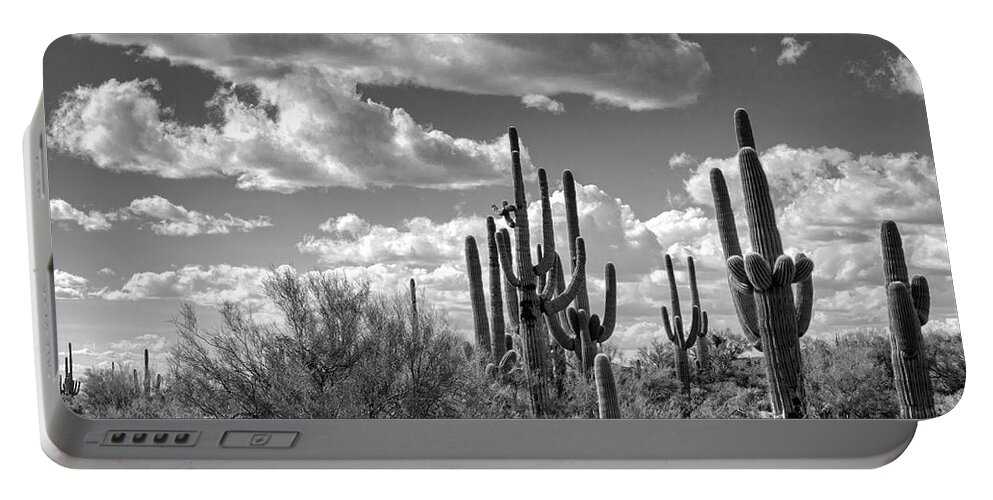 Arizona Portable Battery Charger featuring the photograph Saguaro and Blue Skies Ahead in Black and White by Saija Lehtonen