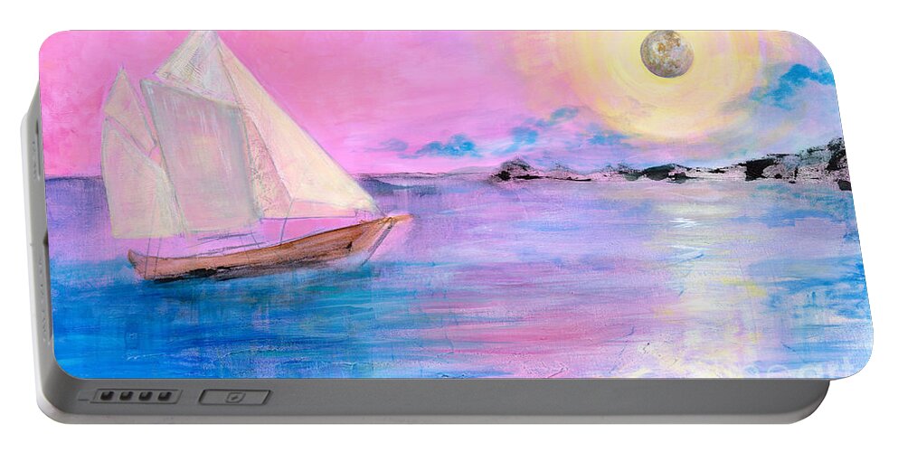 Sailboat Portable Battery Charger featuring the painting Sailboat in Pink Moonlight by Robin Pedrero