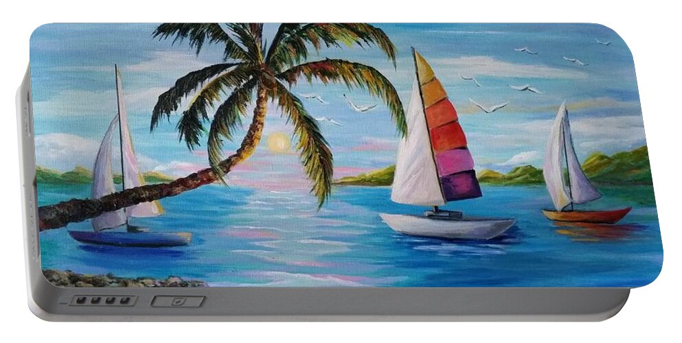 Palm Trees Portable Battery Charger featuring the painting Sailing at Sunset by Rosie Sherman