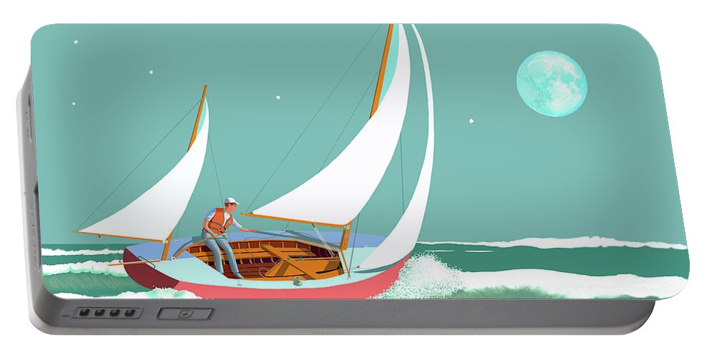 Sailing Sail Sailboat Boat Boating Water Sea Ocean Lake Lunar Moon Water Moonlight Dinghy Enterprise Albacore Wayfarer Laser Taser Cat Wooden Surfing Reaching Portable Battery Charger featuring the digital art Moonlight Sail by Gary Giacomelli