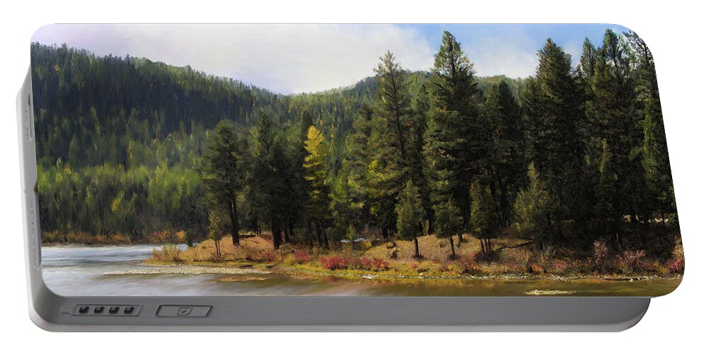 Salmon Lake Portable Battery Charger featuring the painting Salmon Lake Montana by Susan Kinney