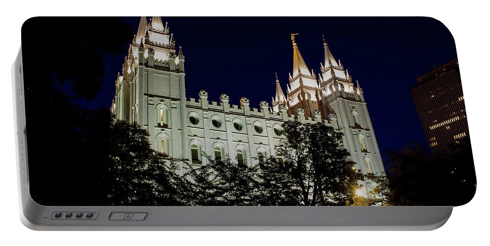 Trees Portable Battery Charger featuring the photograph Salt Lake Temple at Night by K Bradley Washburn