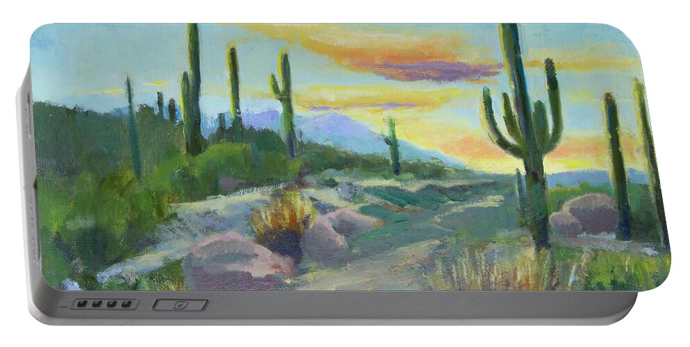 Sonoran Sun Portable Battery Charger featuring the painting Salutation to the Tucson Sun by Maria Hunt