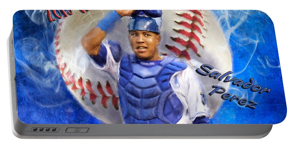 Salvie Portable Battery Charger featuring the painting Salvador Perez 2015 World Series MVP by Colleen Taylor