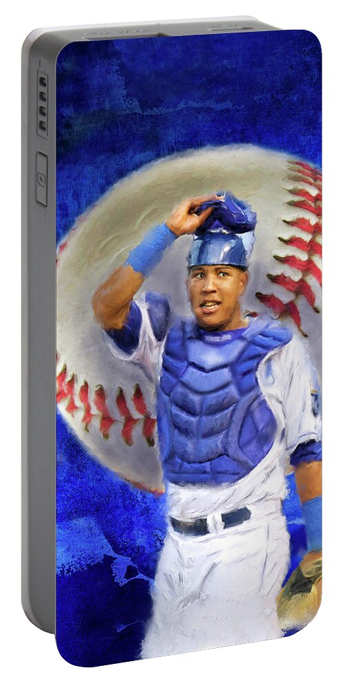 Salvador Perez Portable Battery Charger featuring the mixed media Salvador Perez-KC Royals by Colleen Taylor