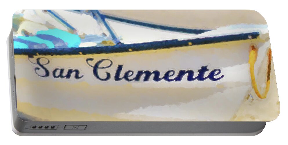 Boat Portable Battery Charger featuring the digital art San Clemente To The Rescue Lifeguard Boat Watercolor 2 by Scott Campbell