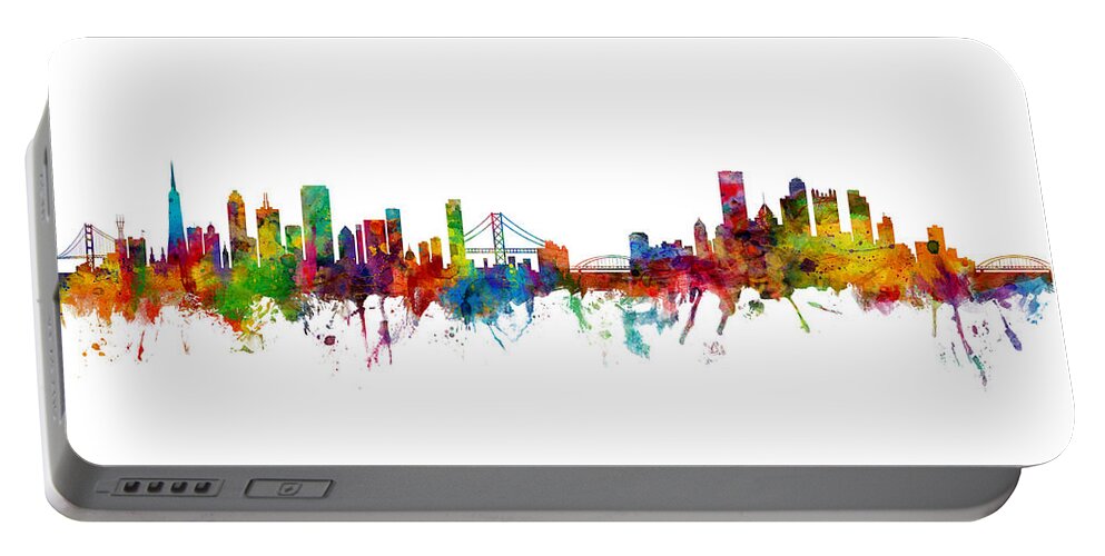 Pittsburgh Portable Battery Charger featuring the digital art San Francisco and Pittsburgh Skylines Mashup by Michael Tompsett