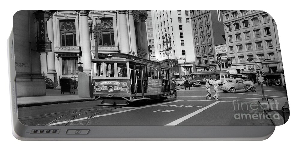 O'farrell At Market Street Portable Battery Charger featuring the photograph San Francisco Cable Car during WWII by Wernher Krutein