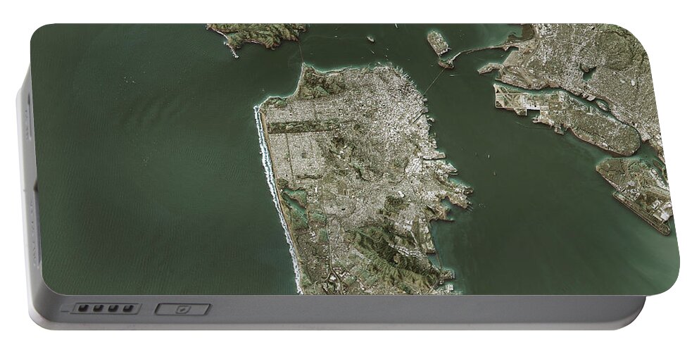 San Francisco Portable Battery Charger featuring the digital art San Francisco Topographic Map Natural Color Top View by Frank Ramspott