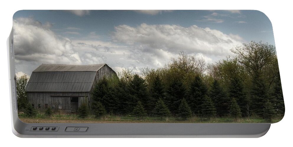 Barn Portable Battery Charger featuring the photograph 0044 - Sandusky Grey in the Pines I by Sheryl L Sutter