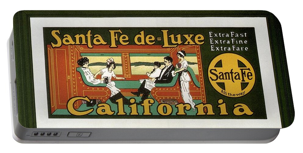 Santa Fe De Luxe Portable Battery Charger featuring the mixed media Santa Fe De Luxe California - Railway - Retro travel Poster - Vintage Poster by Studio Grafiikka