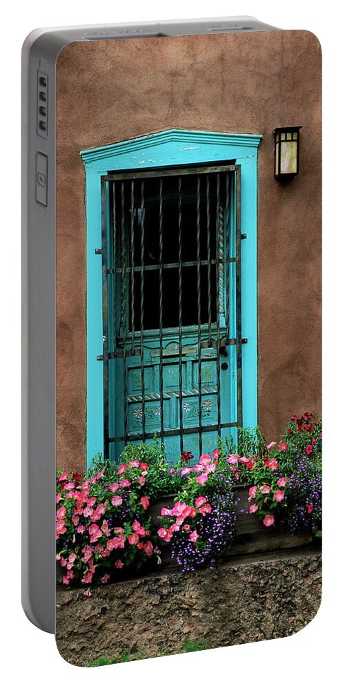 Southwest Portable Battery Charger featuring the photograph Santa Fe Door #1 by Jim Benest