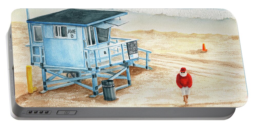 Santa On The Beach Portable Battery Charger featuring the painting Santa is on the Beach by Lori Taylor