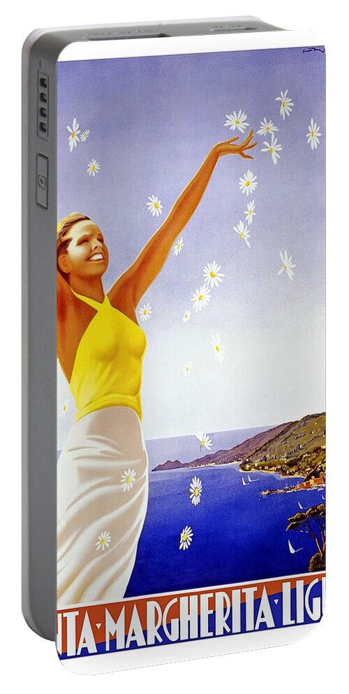 Santa Portable Battery Charger featuring the mixed media Santa Margherita Ligure - Woman Throwing Daisies In The Air - Retro travel Poster - Vintage Poster by Studio Grafiikka