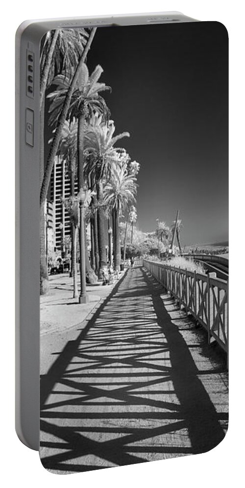 Black And White Photographs Portable Battery Charger featuring the photograph Santa Monica Shadows and Palms by Sean Davey