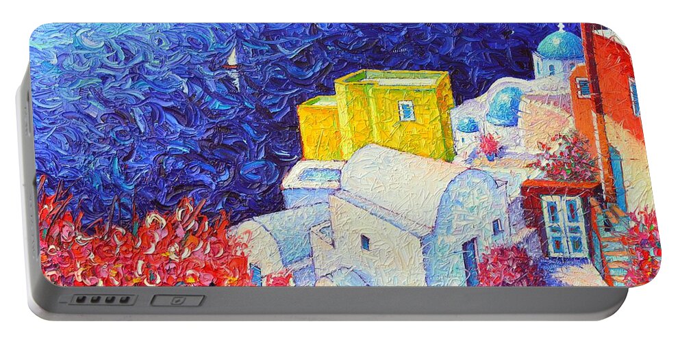 Santorini Portable Battery Charger featuring the painting SANTORINI OIA COLORS modern impressionist impasto palette knife oil painting by ANA MARIA EDULESCU by Ana Maria Edulescu