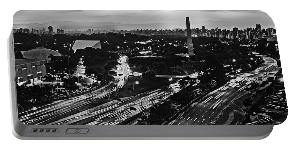 Skyline Portable Battery Charger featuring the photograph Sao Paulo Skyline - Ibirapuera and Obelisk - Black and White by Carlos Alkmin