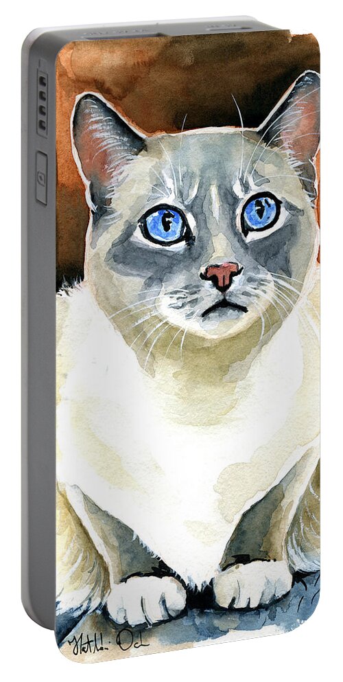 Cat Portable Battery Charger featuring the painting Sapphire Eyes - Snowshoe Siamese Cat Portrait by Dora Hathazi Mendes