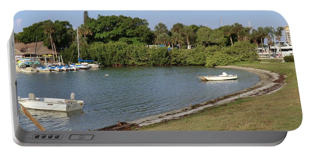 Boats Waterfront Summer Fl Florida Sunshine States America U.s.a Water Beach Tropical Palm Trees Vacation Us Portable Battery Charger featuring the digital art Sarasota, Florida by Jeanette Rode Dybdahl