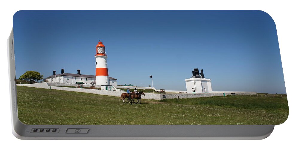 Lighthouse Portable Battery Charger featuring the photograph Souter Lighthouse and foghorn. by Elena Perelman