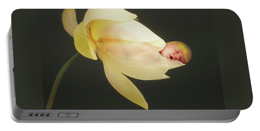 Lotus Portable Battery Charger featuring the photograph Savanna in a Lotus Flower by Anne Geddes