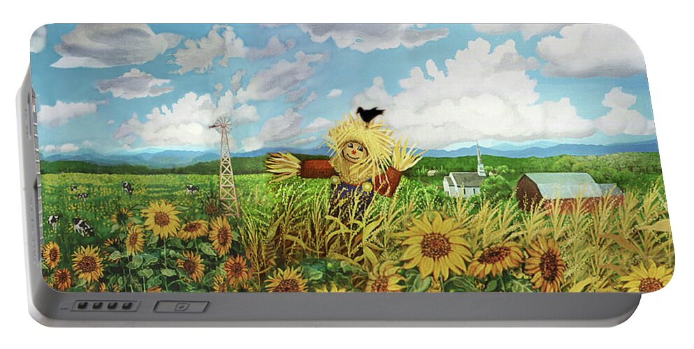Scarecrow Portable Battery Charger featuring the painting Scare Crow and Silo Farm by Bonnie Siracusa