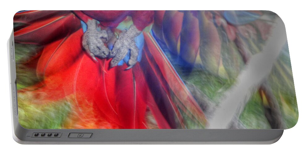 Scarlet Macaw Portable Battery Charger featuring the photograph Scarlet in Flight by Dolly Sanchez