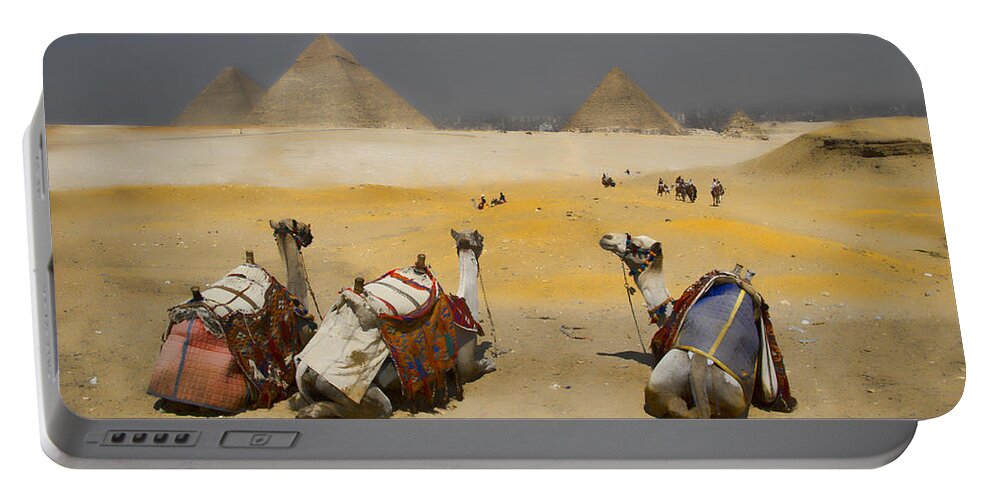 Egypt Portable Battery Charger featuring the photograph Scenic view of the Giza Pyramids with sitting camels by David Smith