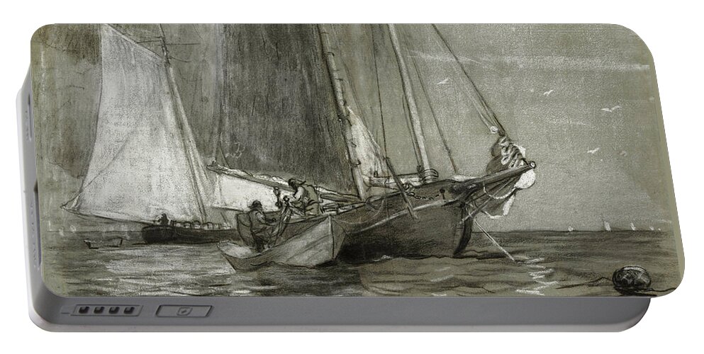 Winslow Homer Portable Battery Charger featuring the drawing Schooner at Anchor by Winslow Homer