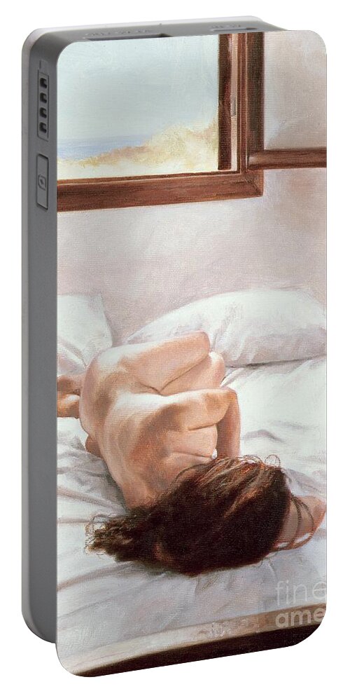 Window; Coast;coastal;view; Female;nude;bed;bedroom;sheets;bedsheets; Sleeping; Asleep; Woman; Nudes; Lying Down;window View;pillow;pillows Portable Battery Charger featuring the painting Sea Light on Your Body by John Worthington