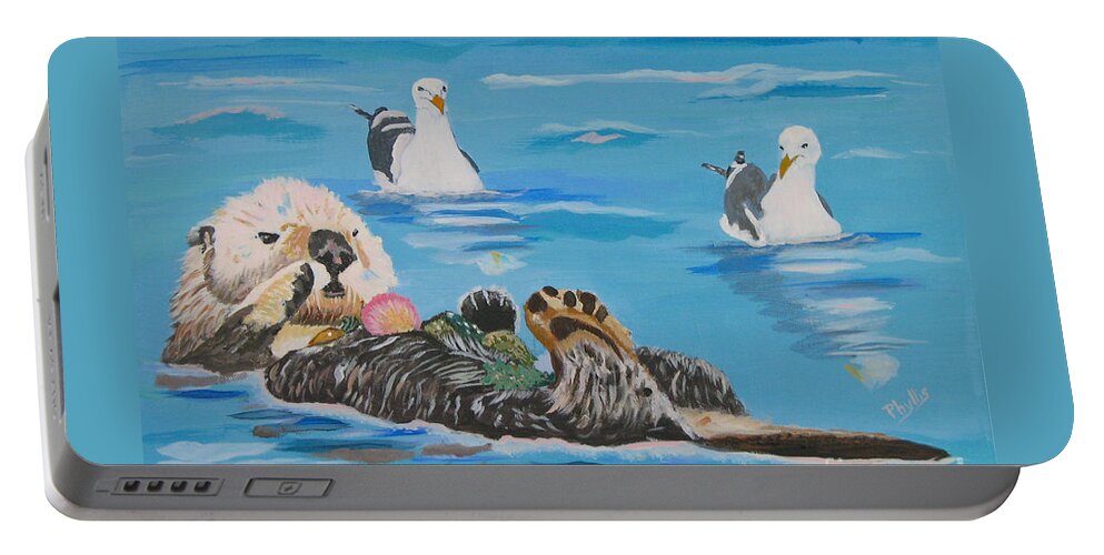 Sea Otter Portable Battery Charger featuring the painting Sea Otter and Guardians by Phyllis Kaltenbach