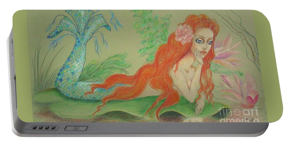 Mermaid Portable Battery Charger featuring the drawing Sea Siren, Resting -- Whimsical Mermaid Drawing by Jayne Somogy