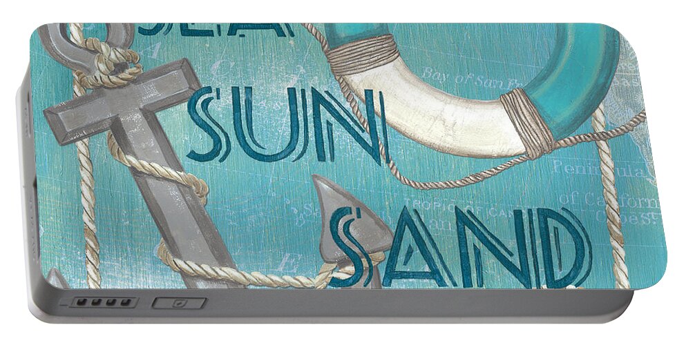 Sun Portable Battery Charger featuring the painting Sea Sun Sand by Debbie DeWitt