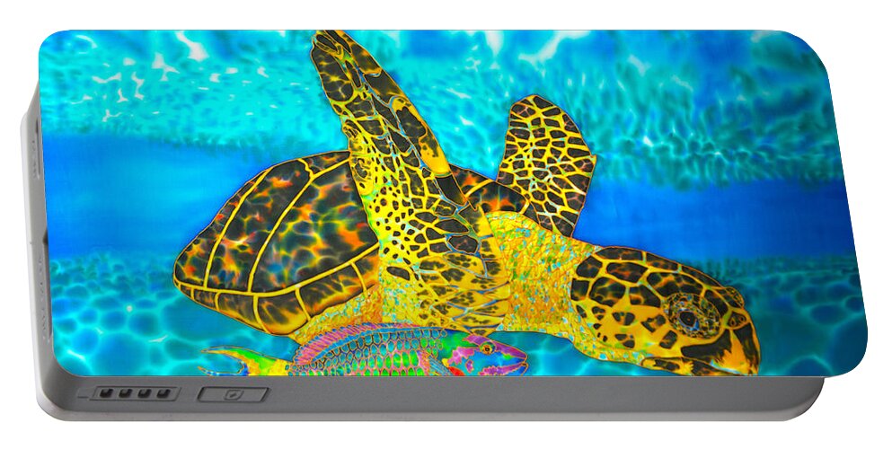 Turtle Portable Battery Charger featuring the painting Sea Turtle and Parrotfish by Daniel Jean-Baptiste