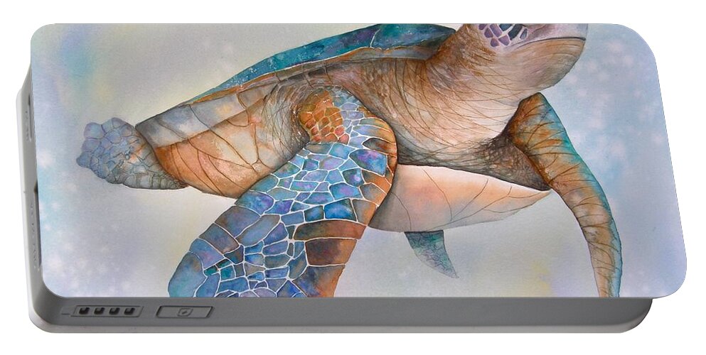 Sea Turtle Portable Battery Charger featuring the painting Sea Turtle- Twilight Swim by Midge Pippel