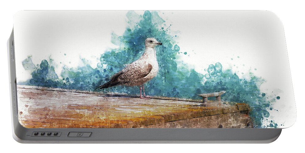 Seagull Portable Battery Charger featuring the digital art Seagull on the Pier by Mary Machare