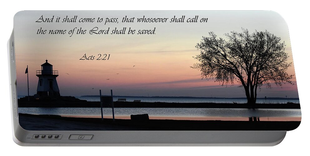 Acts 2:21 Portable Battery Charger featuring the photograph Seascape with Scripture by Ann Bridges